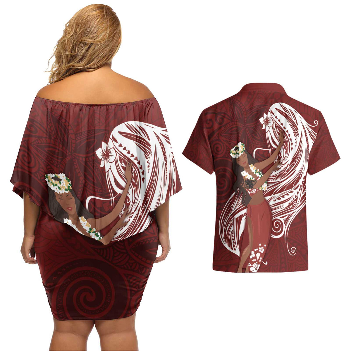 Tahiti Islands Polynesian Plumeria Couples Matching Off Shoulder Short Dress and Hawaiian Shirt Tahitian Vahine 'Ote'a - Scarlet LT7 - Polynesian Pride