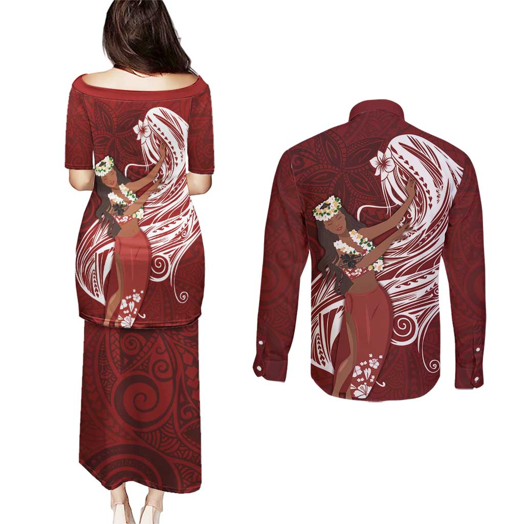 Tahiti Islands Polynesian Plumeria Couples Matching Puletasi and Long Sleeve Button Shirt Tahitian Vahine 'Ote'a - Scarlet LT7 - Polynesian Pride