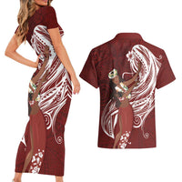 Tahiti Islands Polynesian Plumeria Couples Matching Short Sleeve Bodycon Dress and Hawaiian Shirt Tahitian Vahine 'Ote'a - Scarlet LT7 - Polynesian Pride