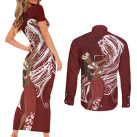 Tahiti Islands Polynesian Plumeria Couples Matching Short Sleeve Bodycon Dress and Long Sleeve Button Shirt Tahitian Vahine 'Ote'a - Scarlet LT7 - Polynesian Pride