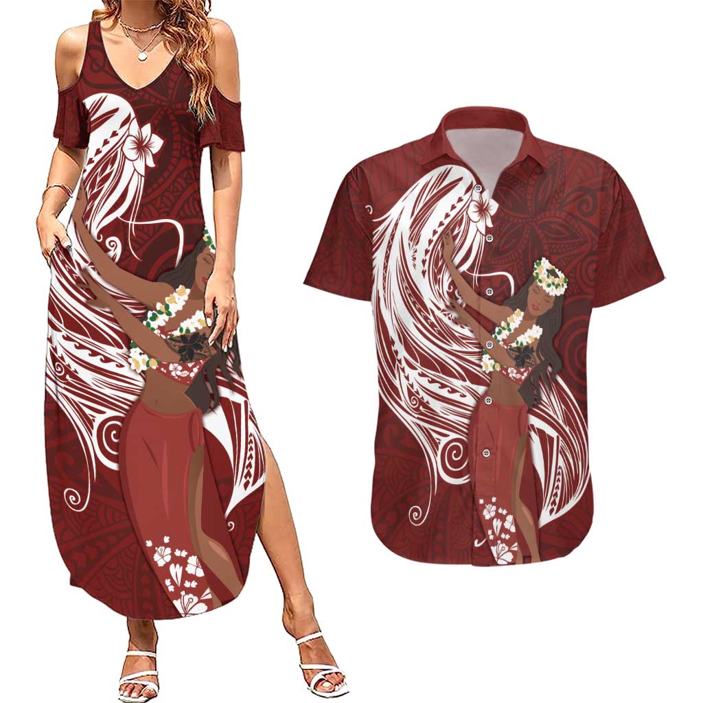 Tahiti Islands Polynesian Plumeria Couples Matching Summer Maxi Dress and Hawaiian Shirt Tahitian Vahine 'Ote'a - Scarlet LT7 Red - Polynesian Pride