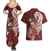 Tahiti Islands Polynesian Plumeria Couples Matching Summer Maxi Dress and Hawaiian Shirt Tahitian Vahine 'Ote'a - Scarlet LT7 - Polynesian Pride