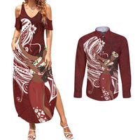 Tahiti Islands Polynesian Plumeria Couples Matching Summer Maxi Dress and Long Sleeve Button Shirt Tahitian Vahine 'Ote'a - Scarlet LT7 Red - Polynesian Pride