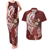 Tahiti Islands Polynesian Plumeria Couples Matching Tank Maxi Dress and Hawaiian Shirt Tahitian Vahine 'Ote'a - Scarlet LT7 Red - Polynesian Pride