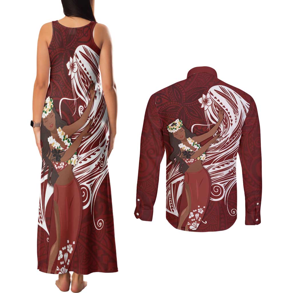 Tahiti Islands Polynesian Plumeria Couples Matching Tank Maxi Dress and Long Sleeve Button Shirt Tahitian Vahine 'Ote'a - Scarlet LT7 - Polynesian Pride
