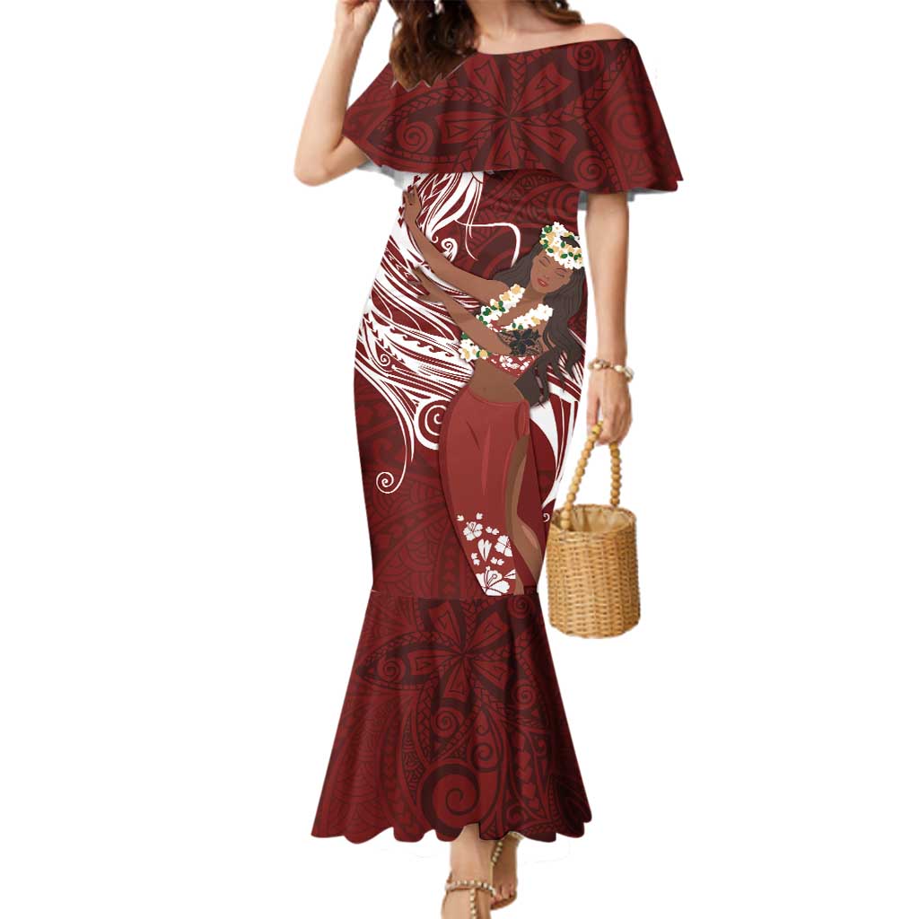Tahiti Islands Polynesian Plumeria Family Matching Mermaid Dress and Hawaiian Shirt Tahitian Vahine 'Ote'a - Scarlet LT7 Mom's Dress Red - Polynesian Pride