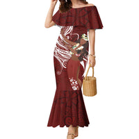 Tahiti Islands Polynesian Plumeria Family Matching Mermaid Dress and Hawaiian Shirt Tahitian Vahine 'Ote'a - Scarlet LT7 Mom's Dress Red - Polynesian Pride