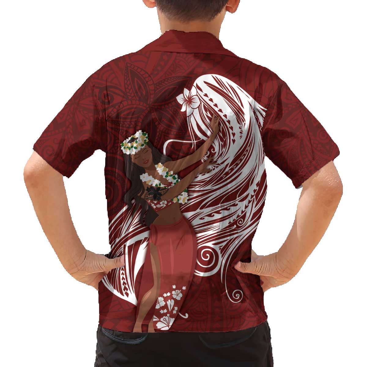 Tahiti Islands Polynesian Plumeria Family Matching Off The Shoulder Long Sleeve Dress and Hawaiian Shirt Tahitian Vahine 'Ote'a - Scarlet LT7 - Polynesian Pride