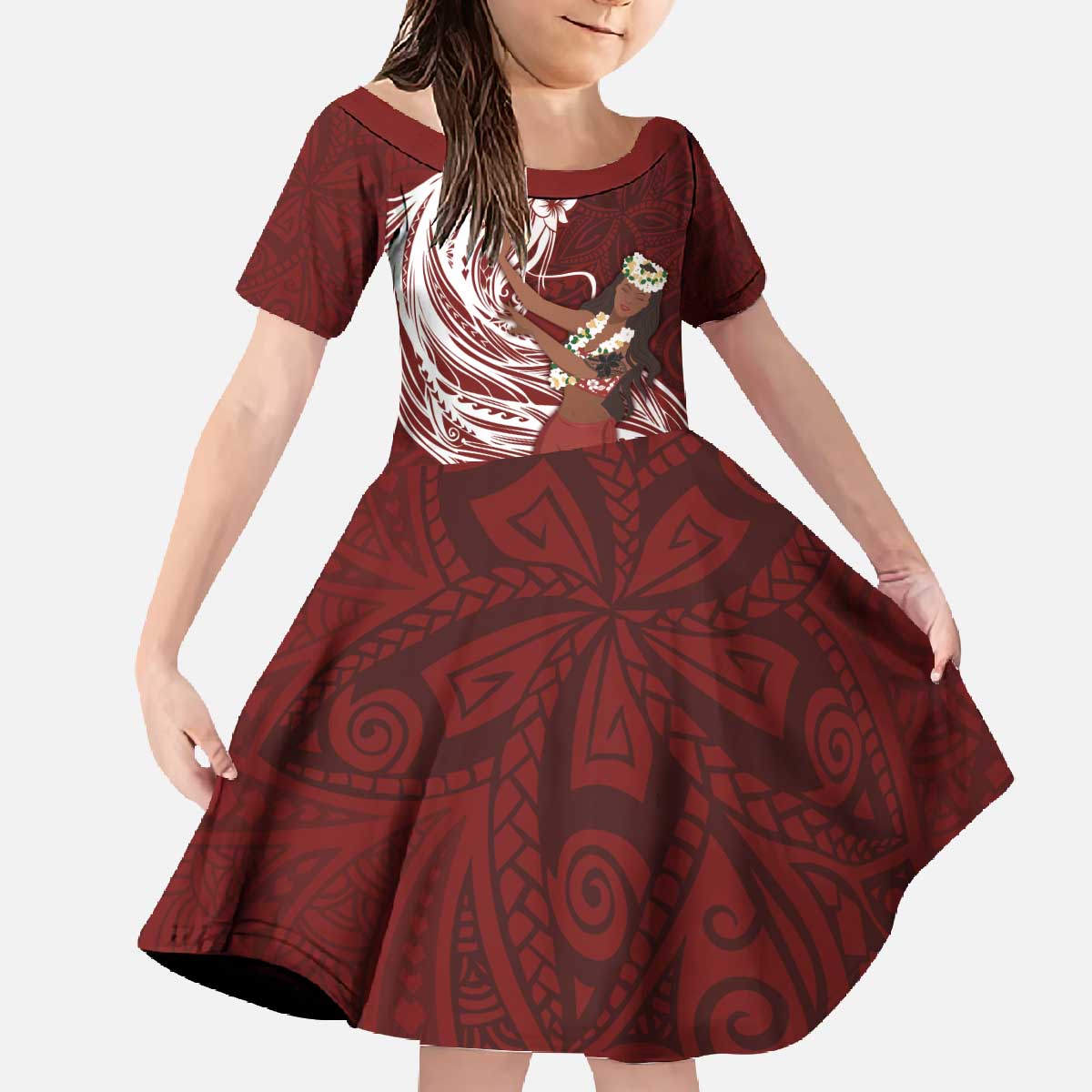Tahiti Islands Polynesian Plumeria Family Matching Off The Shoulder Long Sleeve Dress and Hawaiian Shirt Tahitian Vahine 'Ote'a - Scarlet LT7 Daughter's Dress Red - Polynesian Pride