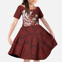 Tahiti Islands Polynesian Plumeria Family Matching Off The Shoulder Long Sleeve Dress and Hawaiian Shirt Tahitian Vahine 'Ote'a - Scarlet LT7 Daughter's Dress Red - Polynesian Pride