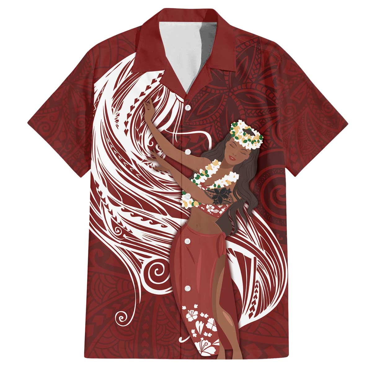 Tahiti Islands Polynesian Plumeria Family Matching Off The Shoulder Long Sleeve Dress and Hawaiian Shirt Tahitian Vahine 'Ote'a - Scarlet LT7 Dad's Shirt - Short Sleeve Red - Polynesian Pride