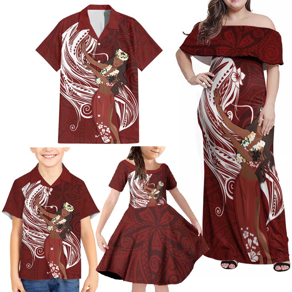 Tahiti Islands Polynesian Plumeria Family Matching Off Shoulder Maxi Dress and Hawaiian Shirt Tahitian Vahine 'Ote'a - Scarlet LT7 - Polynesian Pride