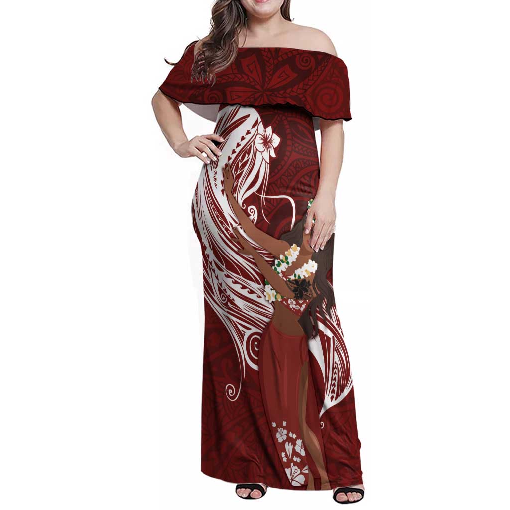 Tahiti Islands Polynesian Plumeria Family Matching Off Shoulder Maxi Dress and Hawaiian Shirt Tahitian Vahine 'Ote'a - Scarlet LT7 Mom's Dress Red - Polynesian Pride