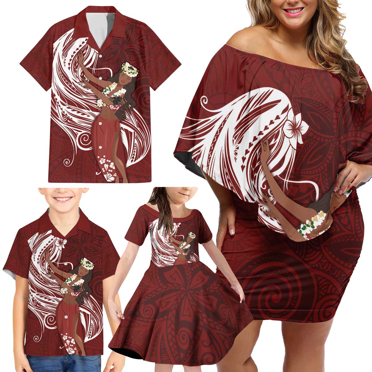 Tahiti Islands Polynesian Plumeria Family Matching Off Shoulder Short Dress and Hawaiian Shirt Tahitian Vahine 'Ote'a - Scarlet LT7 - Polynesian Pride