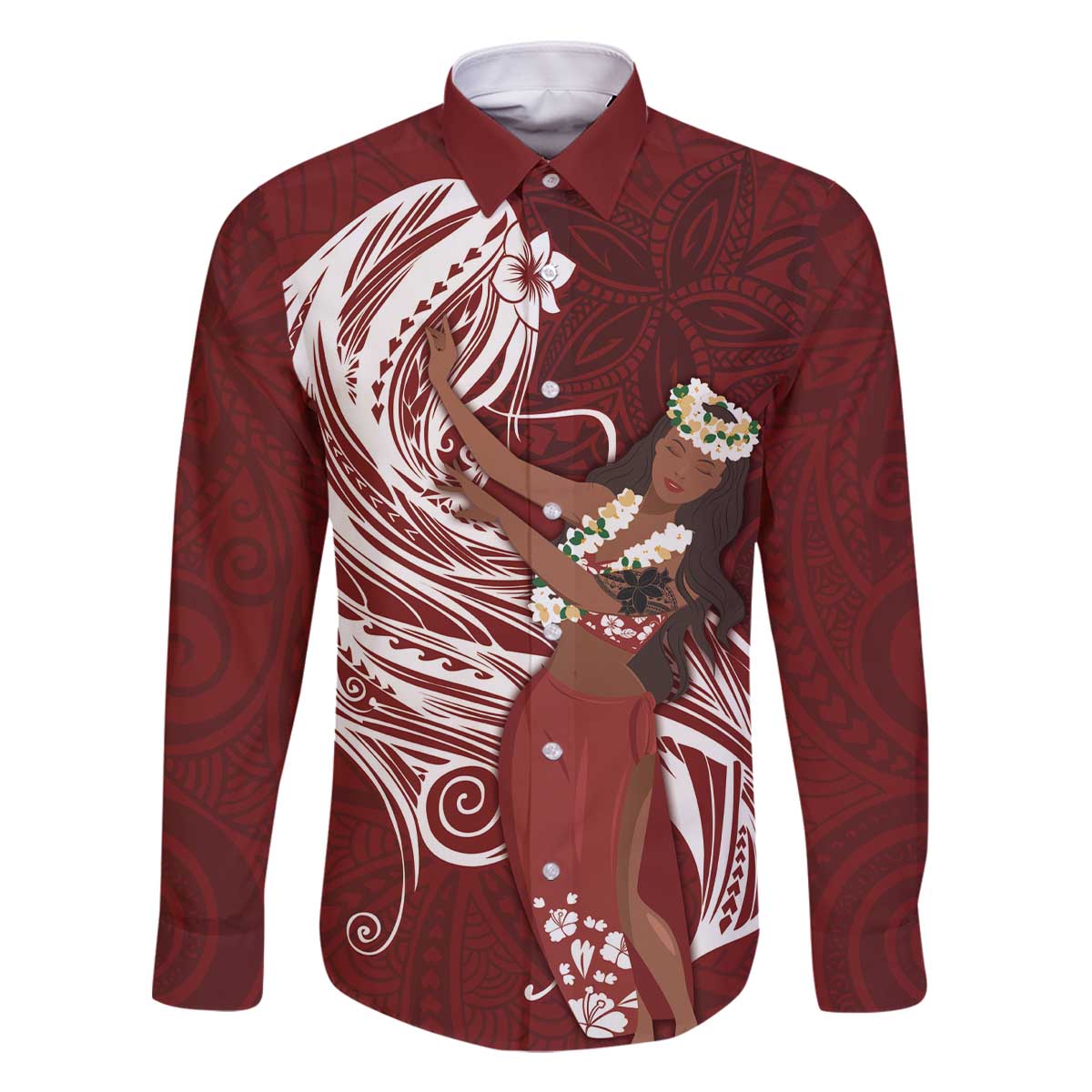 Tahiti Islands Polynesian Plumeria Family Matching Off Shoulder Short Dress and Hawaiian Shirt Tahitian Vahine 'Ote'a - Scarlet LT7 Dad's Shirt - Long Sleeve Red - Polynesian Pride