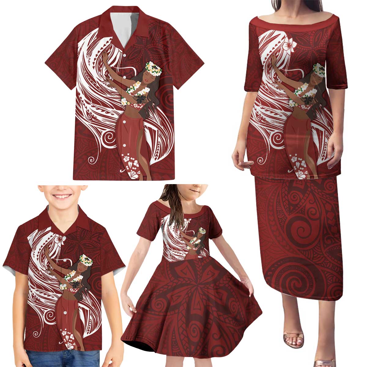 Tahiti Islands Polynesian Plumeria Family Matching Puletasi and Hawaiian Shirt Tahitian Vahine 'Ote'a - Scarlet LT7 - Polynesian Pride