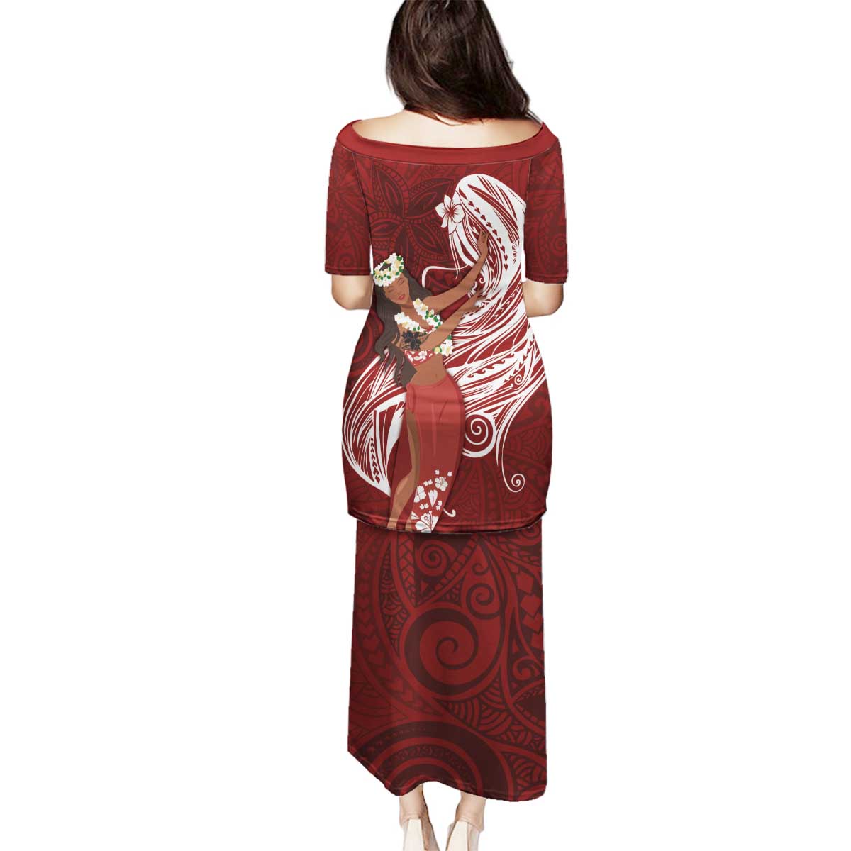Tahiti Islands Polynesian Plumeria Family Matching Puletasi and Hawaiian Shirt Tahitian Vahine 'Ote'a - Scarlet LT7 - Polynesian Pride
