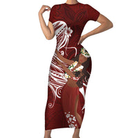 Tahiti Islands Polynesian Plumeria Family Matching Short Sleeve Bodycon Dress and Hawaiian Shirt Tahitian Vahine 'Ote'a - Scarlet LT7 Mom's Dress Red - Polynesian Pride