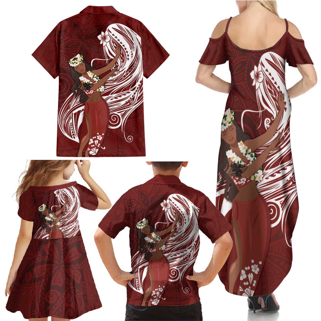 Tahiti Islands Polynesian Plumeria Family Matching Summer Maxi Dress and Hawaiian Shirt Tahitian Vahine 'Ote'a - Scarlet LT7 - Polynesian Pride
