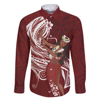 Tahiti Islands Polynesian Plumeria Family Matching Summer Maxi Dress and Hawaiian Shirt Tahitian Vahine 'Ote'a - Scarlet LT7 Dad's Shirt - Long Sleeve Red - Polynesian Pride