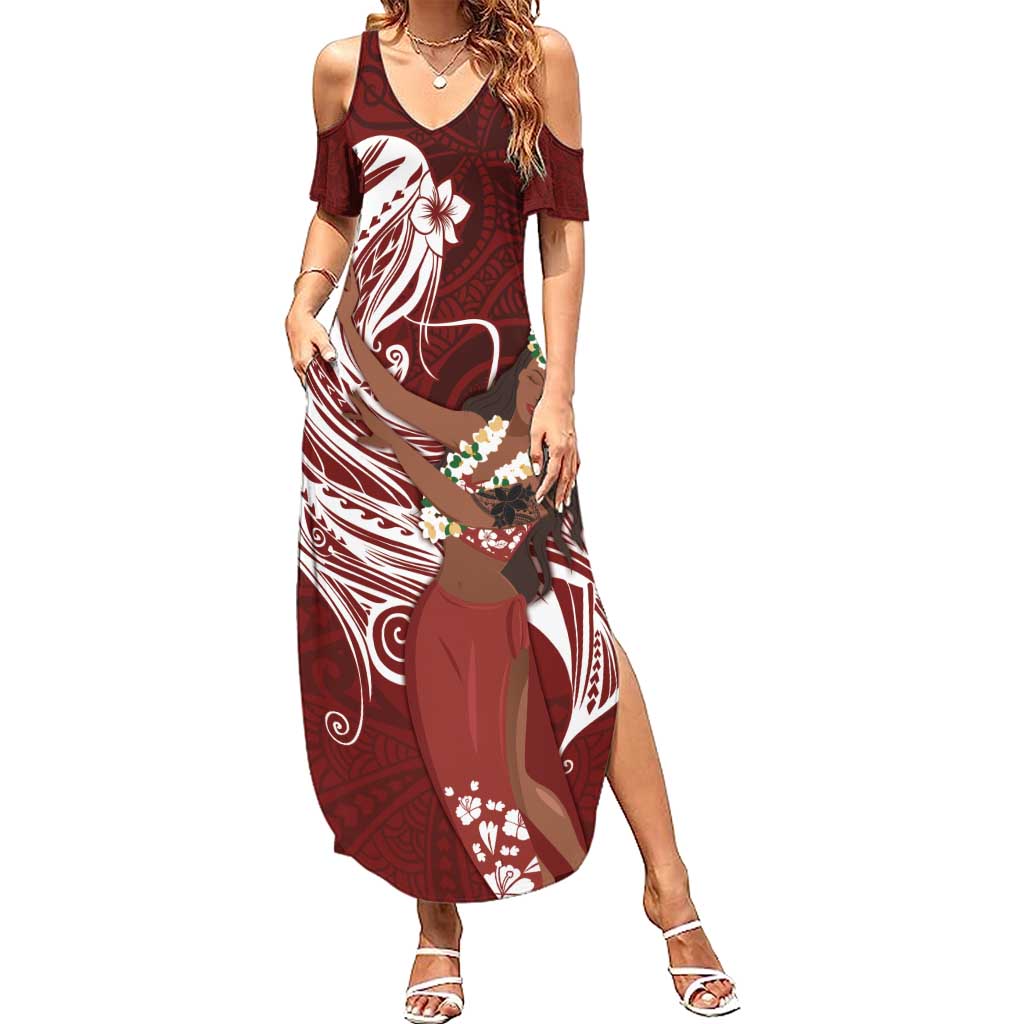 Tahiti Islands Polynesian Plumeria Family Matching Summer Maxi Dress and Hawaiian Shirt Tahitian Vahine 'Ote'a - Scarlet LT7 Mom's Dress Red - Polynesian Pride