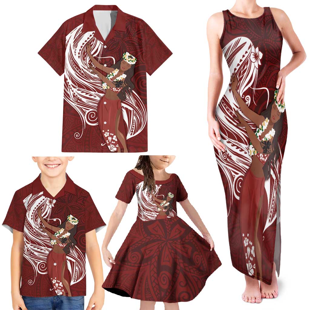 Tahiti Islands Polynesian Plumeria Family Matching Tank Maxi Dress and Hawaiian Shirt Tahitian Vahine 'Ote'a - Scarlet LT7 - Polynesian Pride