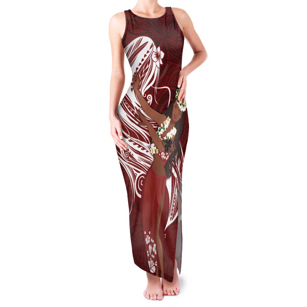 Tahiti Islands Polynesian Plumeria Family Matching Tank Maxi Dress and Hawaiian Shirt Tahitian Vahine 'Ote'a - Scarlet LT7 Mom's Dress Red - Polynesian Pride
