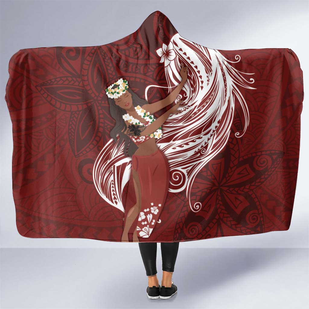 Tahiti Islands Polynesian Plumeria Hooded Blanket Tahitian Vahine 'Ote'a - Scarlet LT7 One Size Red - Polynesian Pride