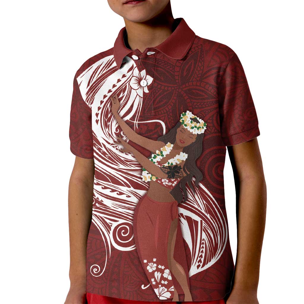 Tahiti Islands Polynesian Plumeria Kid Polo Shirt Tahitian Vahine 'Ote'a - Scarlet LT7 Kid Red - Polynesian Pride