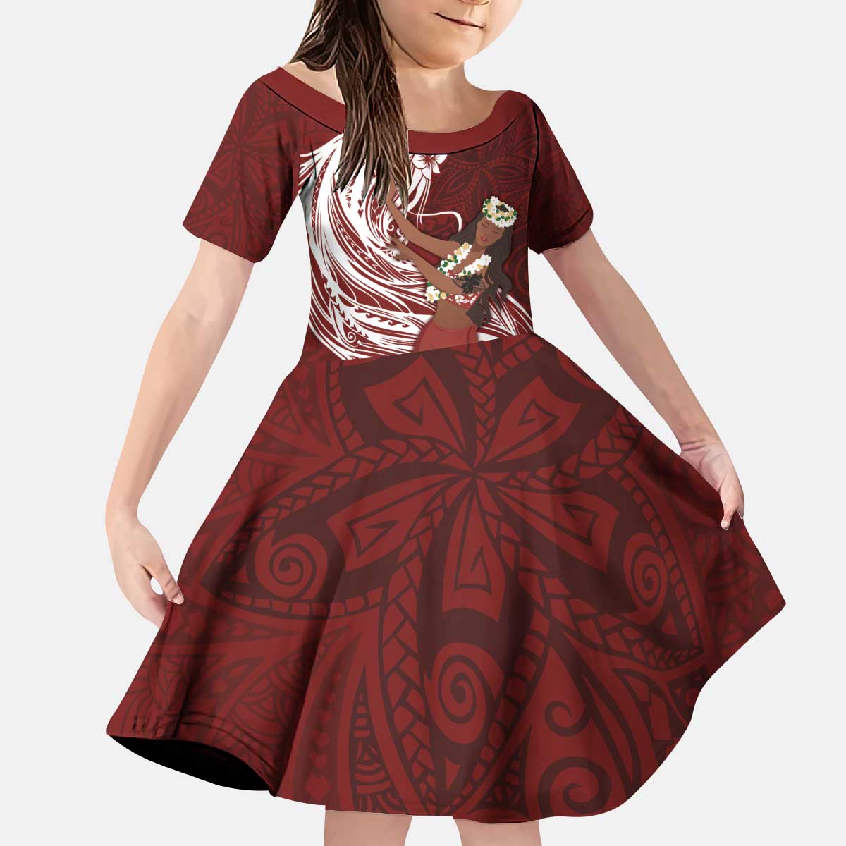 Tahiti Islands Polynesian Plumeria Kid Short Sleeve Dress Tahitian Vahine 'Ote'a - Scarlet LT7 KID Red - Polynesian Pride