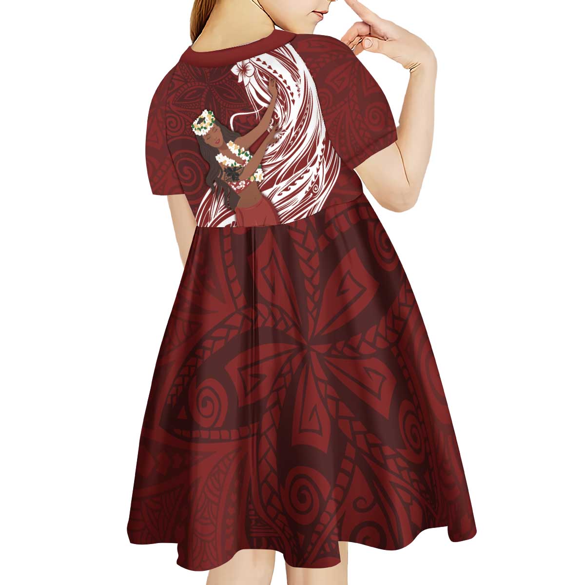 Tahiti Islands Polynesian Plumeria Kid Short Sleeve Dress Tahitian Vahine 'Ote'a - Scarlet LT7 - Polynesian Pride