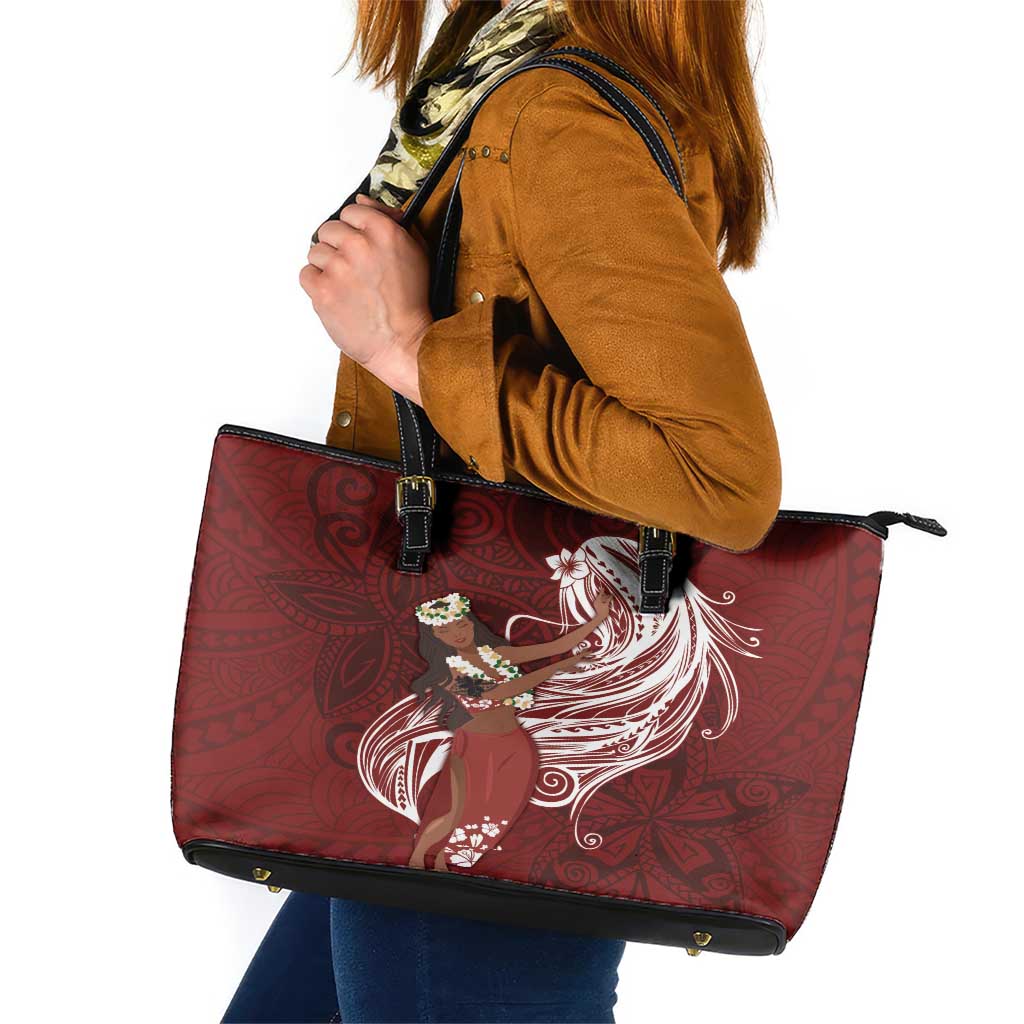 Tahiti Islands Polynesian Plumeria Leather Tote Bag Tahitian Vahine 'Ote'a - Scarlet LT7 Red - Polynesian Pride