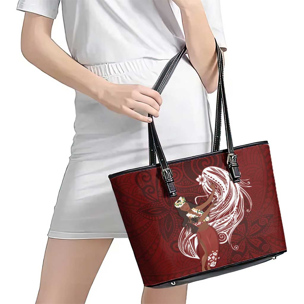 Tahiti Islands Polynesian Plumeria Leather Tote Bag Tahitian Vahine 'Ote'a - Scarlet LT7 - Polynesian Pride