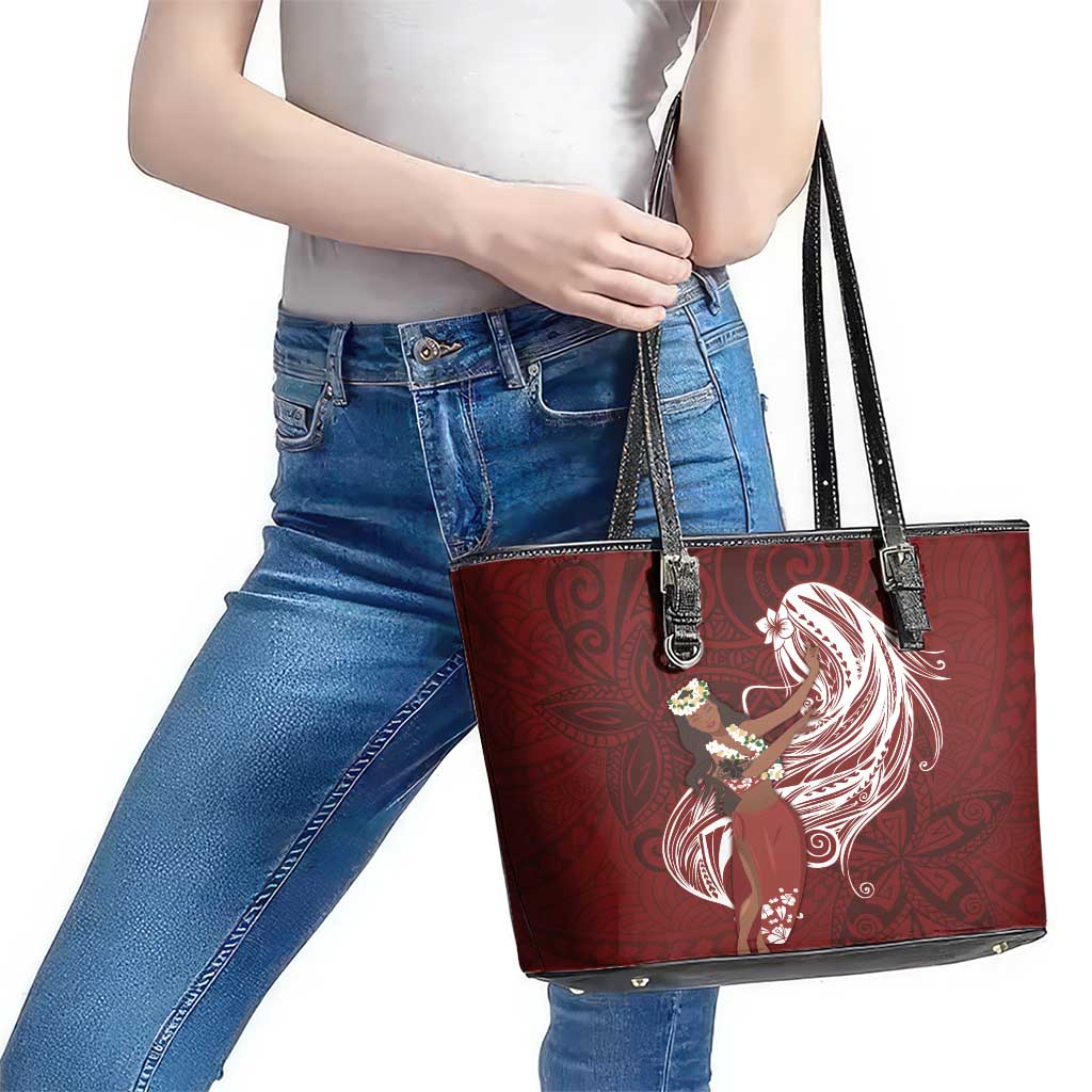 Tahiti Islands Polynesian Plumeria Leather Tote Bag Tahitian Vahine 'Ote'a - Scarlet LT7 - Polynesian Pride