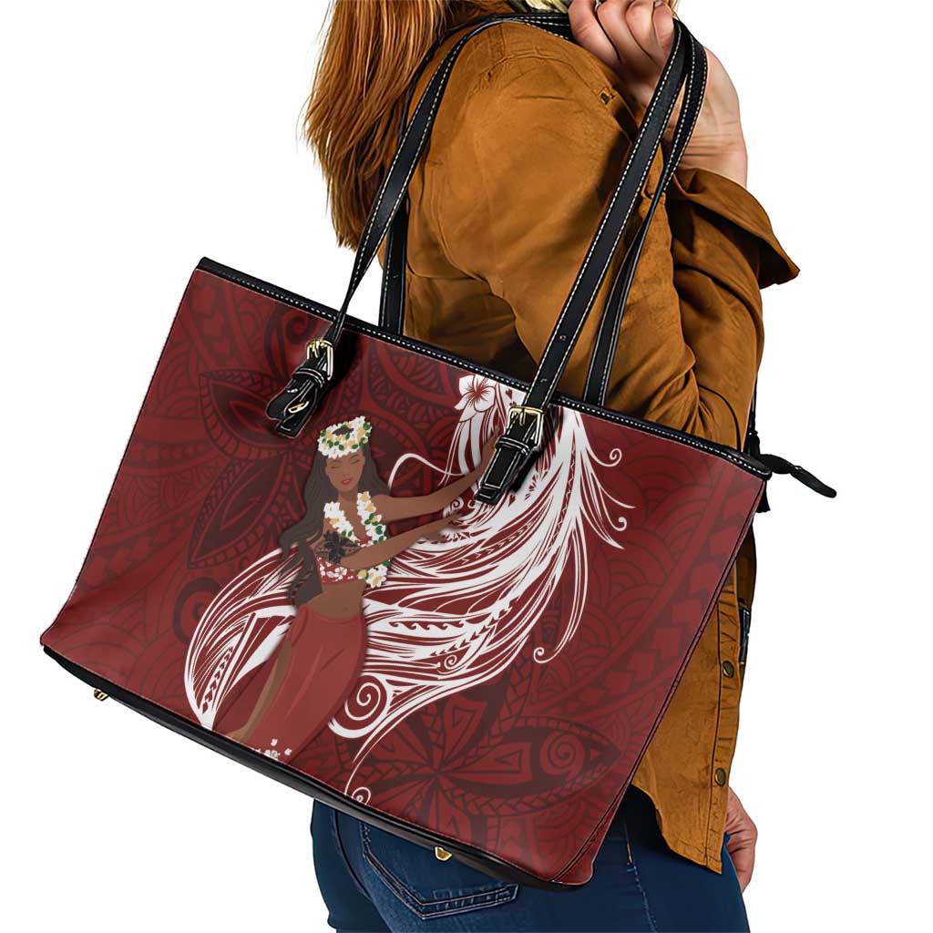 Tahiti Islands Polynesian Plumeria Leather Tote Bag Tahitian Vahine 'Ote'a - Scarlet LT7 - Polynesian Pride