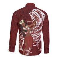 Tahiti Islands Polynesian Plumeria Long Sleeve Button Shirt Tahitian Vahine 'Ote'a - Scarlet LT7 - Polynesian Pride