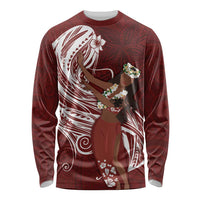 Tahiti Islands Polynesian Plumeria Long Sleeve Shirt Tahitian Vahine 'Ote'a - Scarlet LT7 Unisex Red - Polynesian Pride