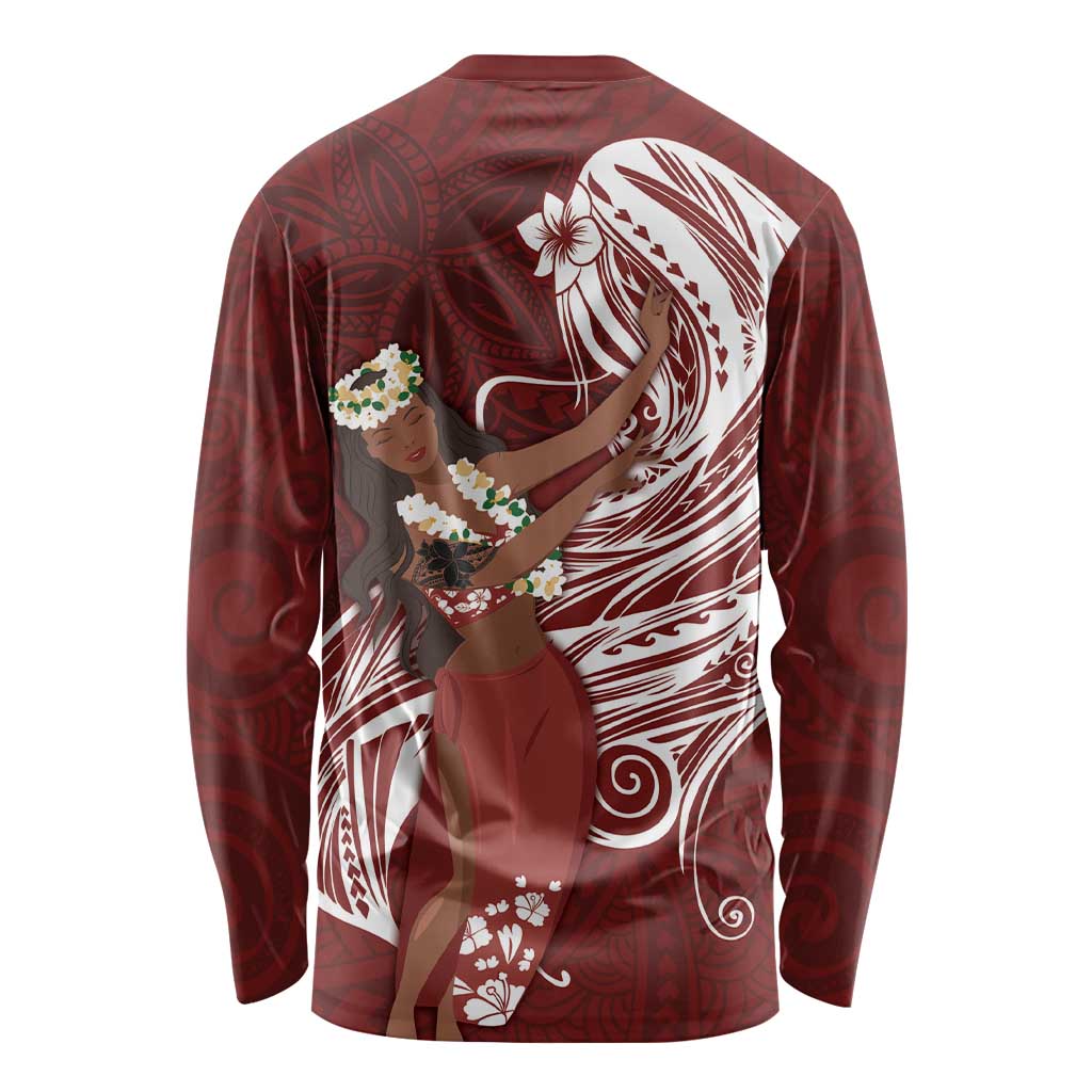 Tahiti Islands Polynesian Plumeria Long Sleeve Shirt Tahitian Vahine 'Ote'a - Scarlet LT7 - Polynesian Pride