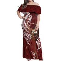 Tahiti Islands Polynesian Plumeria Off Shoulder Maxi Dress Tahitian Vahine 'Ote'a - Scarlet LT7 Women Red - Polynesian Pride