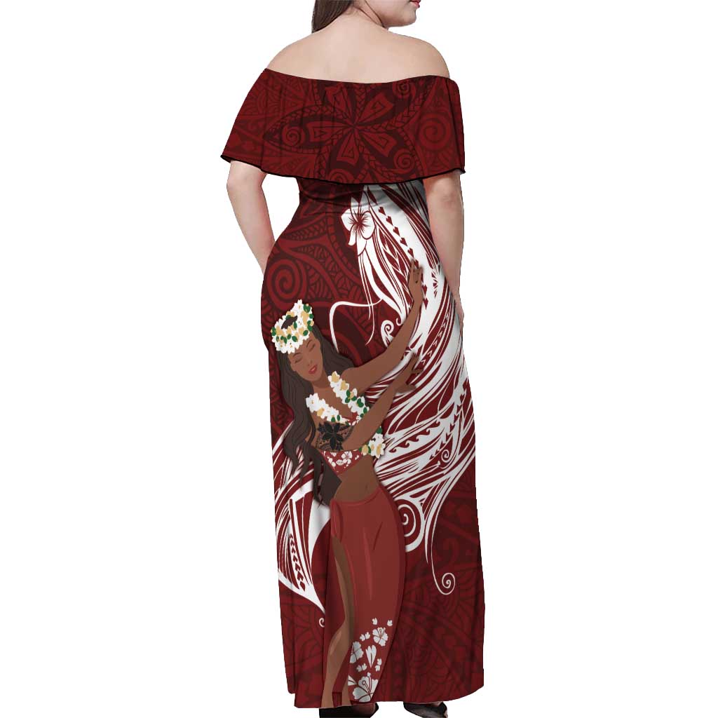 Tahiti Islands Polynesian Plumeria Off Shoulder Maxi Dress Tahitian Vahine 'Ote'a - Scarlet LT7 - Polynesian Pride