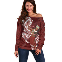 Tahiti Islands Polynesian Plumeria Off Shoulder Sweater Tahitian Vahine 'Ote'a - Scarlet LT7 Women Red - Polynesian Pride