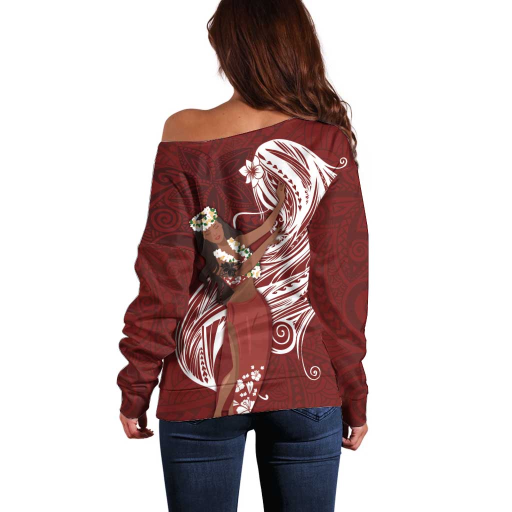Tahiti Islands Polynesian Plumeria Off Shoulder Sweater Tahitian Vahine 'Ote'a - Scarlet LT7 - Polynesian Pride