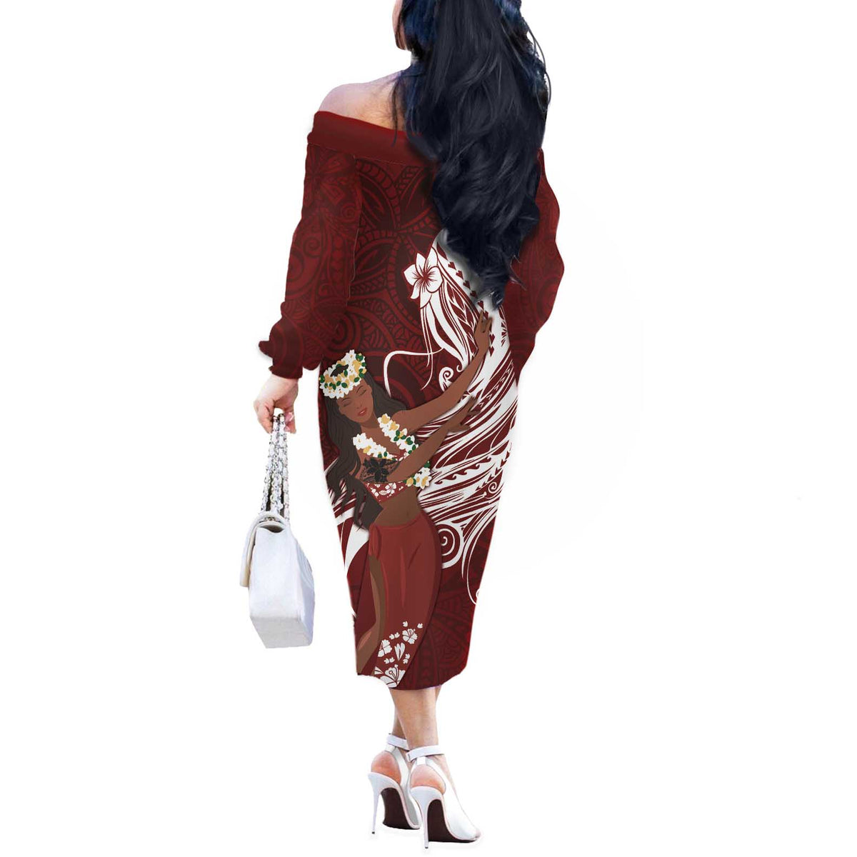 Tahiti Islands Polynesian Plumeria Off The Shoulder Long Sleeve Dress Tahitian Vahine 'Ote'a - Scarlet LT7 - Polynesian Pride