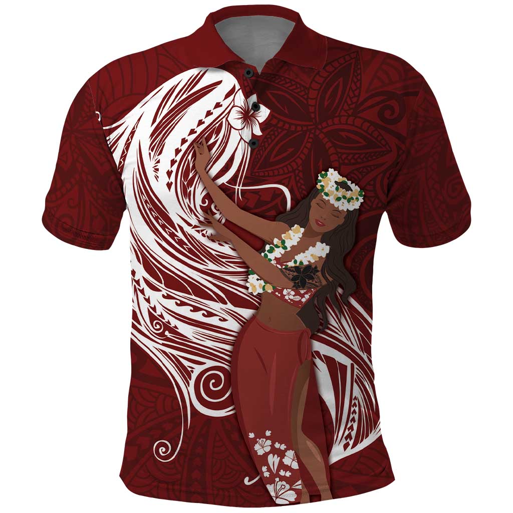 Tahiti Islands Polynesian Plumeria Polo Shirt Tahitian Vahine 'Ote'a - Scarlet LT7 Red - Polynesian Pride