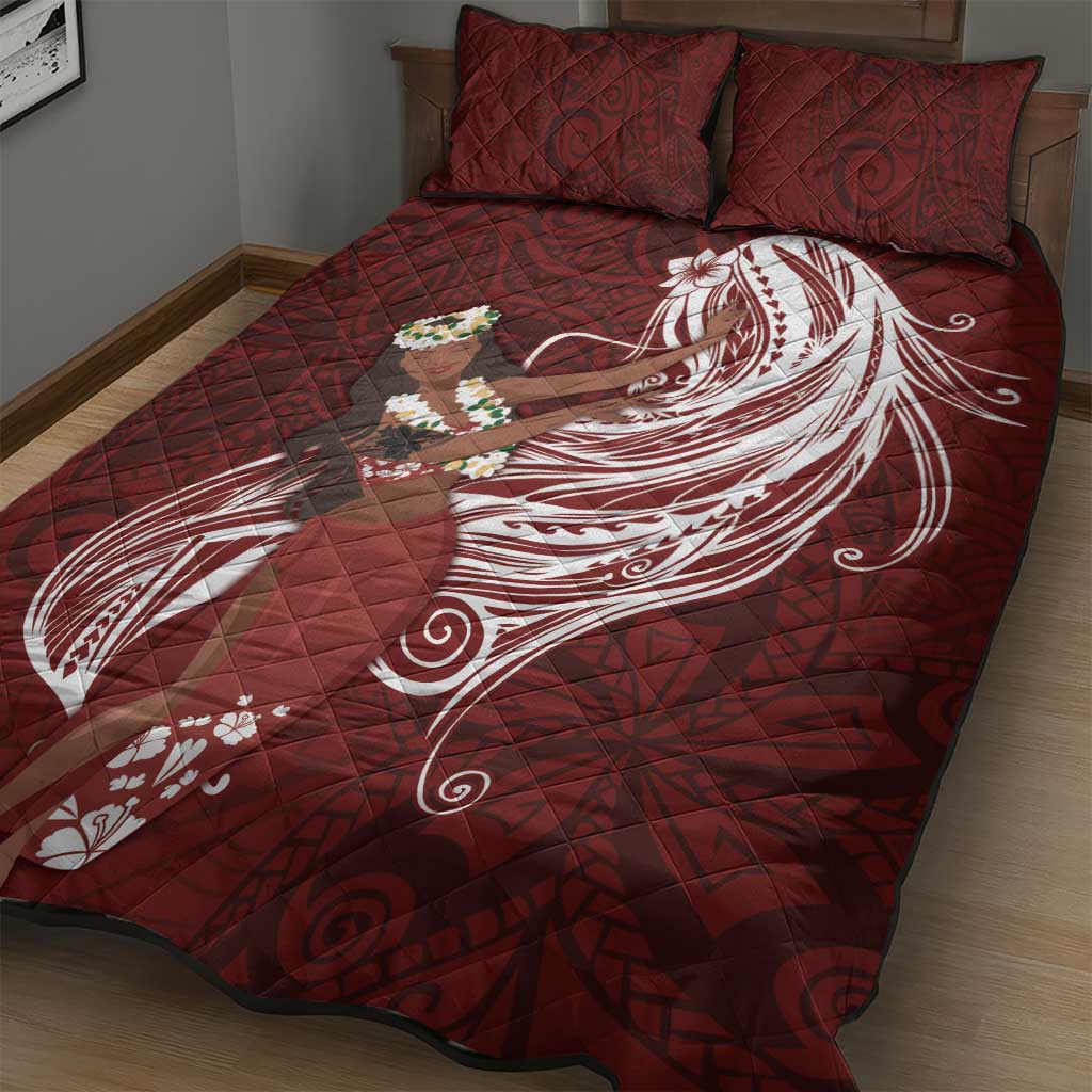 Tahiti Islands Polynesian Plumeria Quilt Bed Set Tahitian Vahine 'Ote'a - Scarlet LT7 - Polynesian Pride