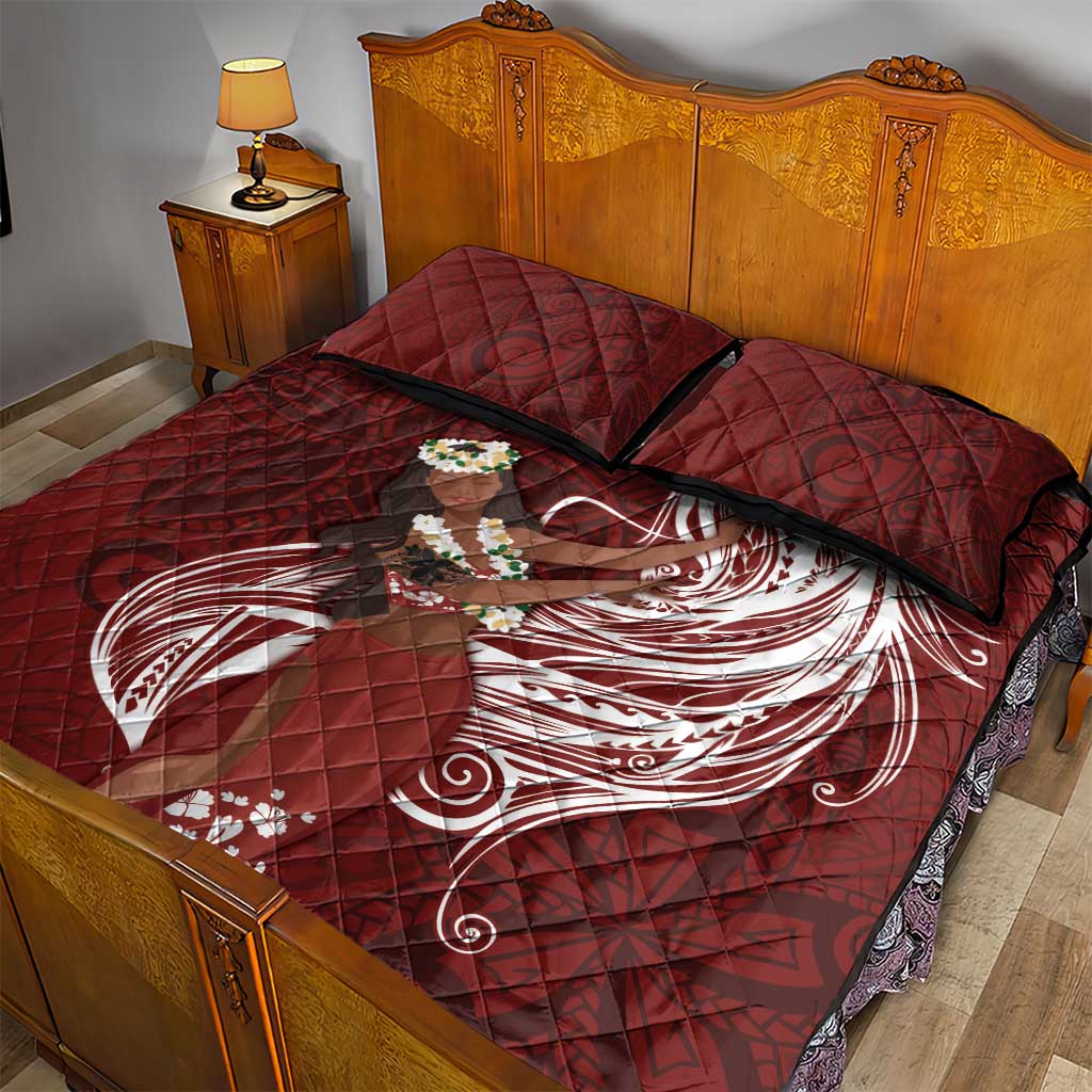 Tahiti Islands Polynesian Plumeria Quilt Bed Set Tahitian Vahine 'Ote'a - Scarlet LT7 - Polynesian Pride