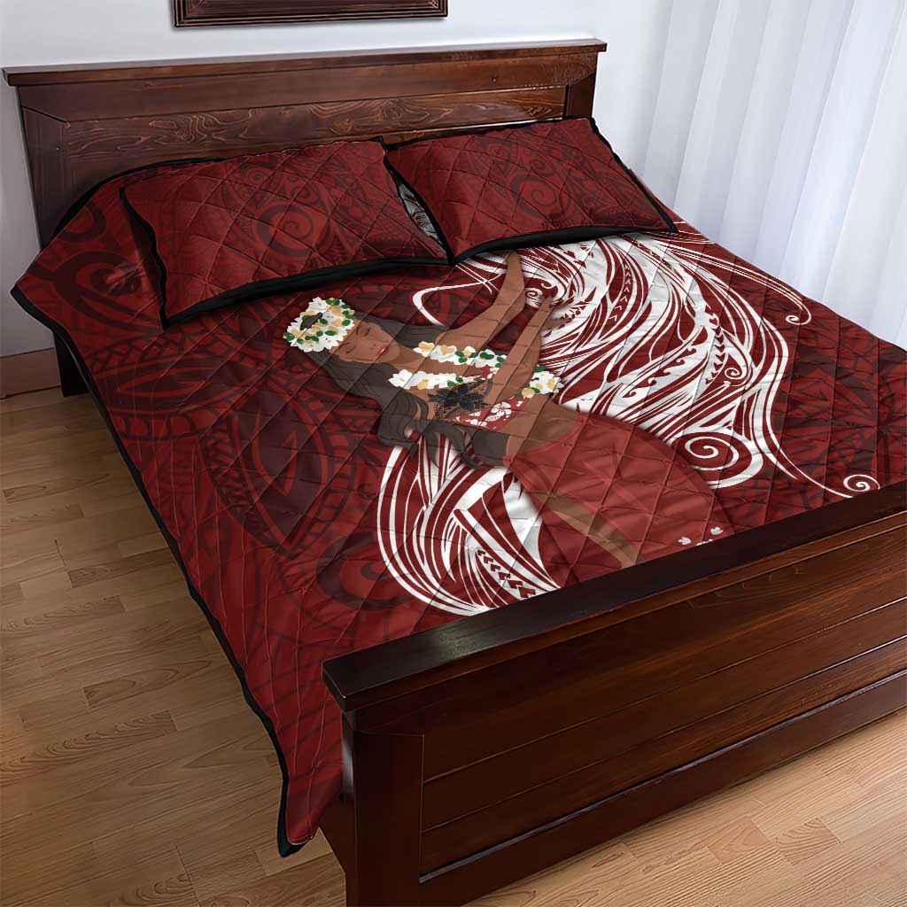 Tahiti Islands Polynesian Plumeria Quilt Bed Set Tahitian Vahine 'Ote'a - Scarlet LT7 - Polynesian Pride