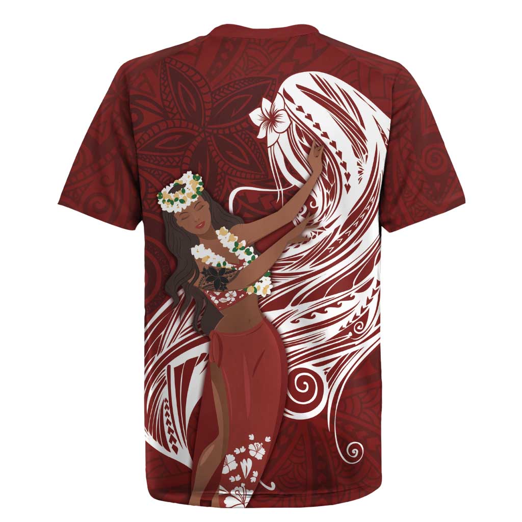Tahiti Islands Polynesian Plumeria Rugby Jersey Tahitian Vahine 'Ote'a - Scarlet LT7 - Polynesian Pride