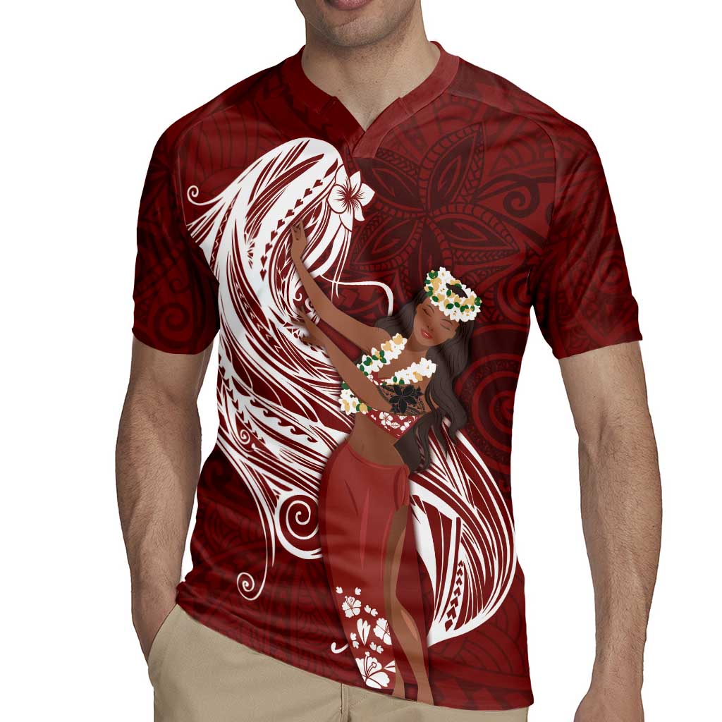Tahiti Islands Polynesian Plumeria Rugby Jersey Tahitian Vahine 'Ote'a - Scarlet LT7 - Polynesian Pride