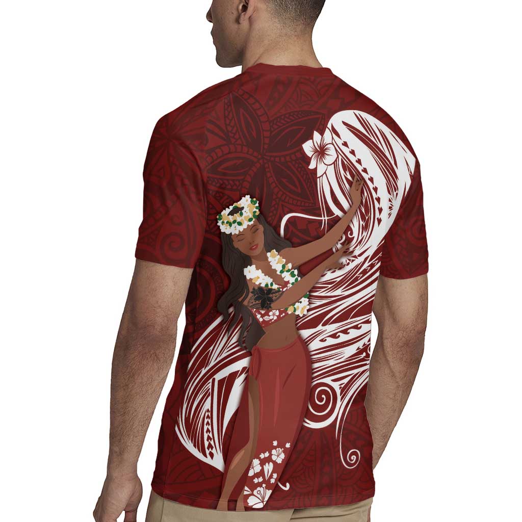 Tahiti Islands Polynesian Plumeria Rugby Jersey Tahitian Vahine 'Ote'a - Scarlet LT7 - Polynesian Pride